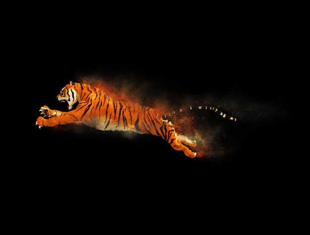 Ein Tiger, der mit Staub-Partikel-Effekt auf schwarzen Hintergrund sich bewegt und springt