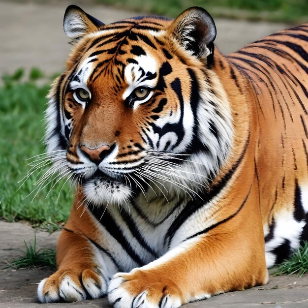 Foto ein tiger, der vor einem grashintergrund auf dem boden liegt