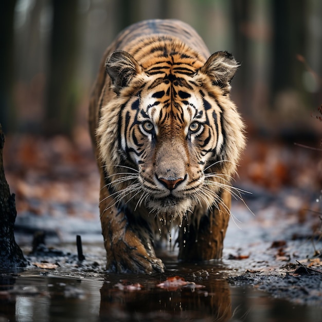 ein Tiger geht durch den Wald mit der Reflexion der Bäume im Wasser