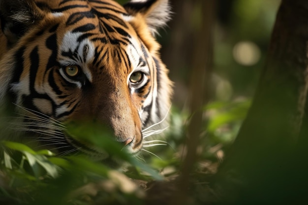 Ein Tiger im Dschungel blickt in die Kamera