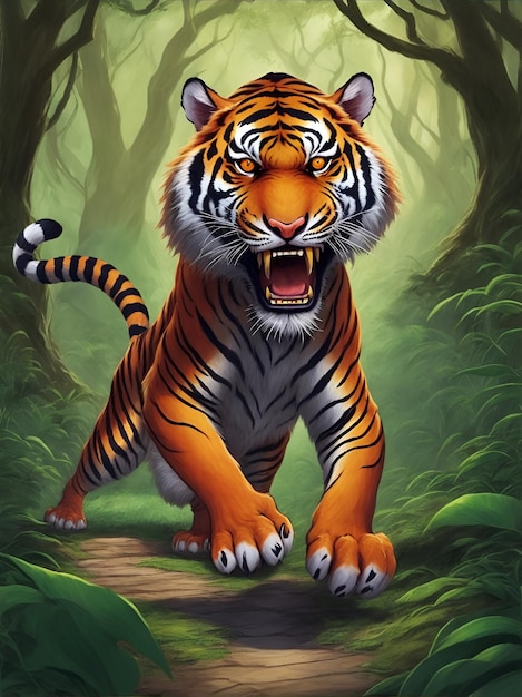 Ein Tiger im Dschungel mit dem Wort Tiger auf der Vorderseite.