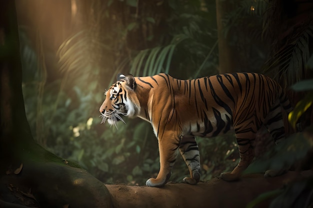 Ein Tiger im Dschungel mit einem Licht im Gesicht