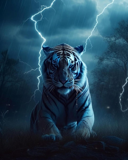 Ein Tiger im Regen mit Blitz