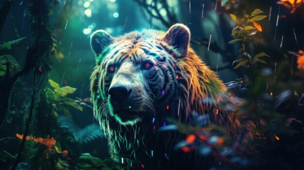 Foto ein tiger im regen mit bunten lichtern ai