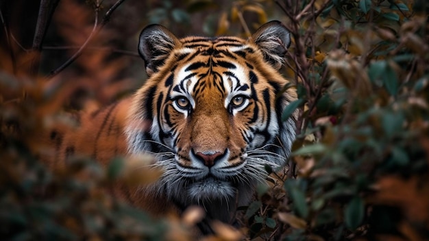 Ein Tiger im Wald mit dunklem Hintergrund