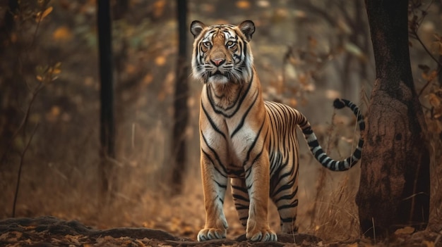 Ein Tiger im Wald mit einem Baum im Hintergrund