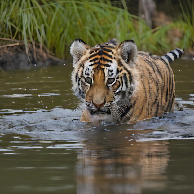 ein Tiger im Wasser mit der Reflexion eines Baumes im Wasser