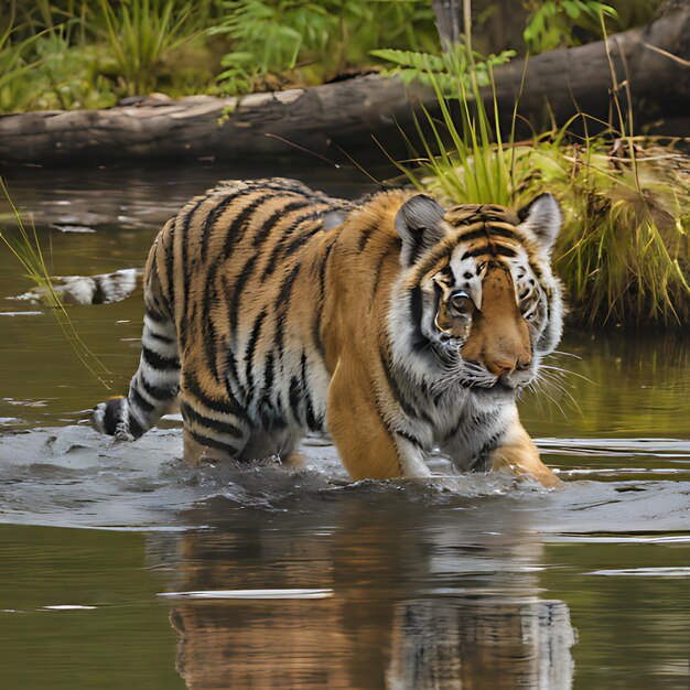 ein Tiger im Wasser mit einer Reflexion eines Stammes im Wasser