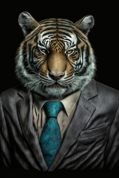 Ein Tiger in Anzug und Krawatte steht mit einem Hemd mit der Aufschrift „Tiger“.