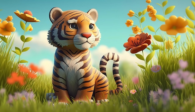 Ein Tiger in einem Blumenfeld