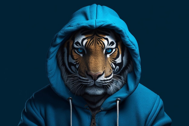 Ein Tiger in einem Kapuzenpullover mit einem blauen Kapuzenpullover