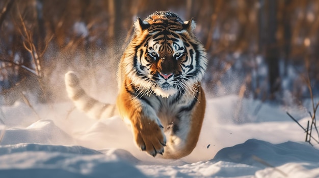 Ein Tiger läuft im Schnee