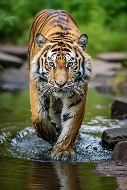 Foto ein tiger läuft im wasser im wald