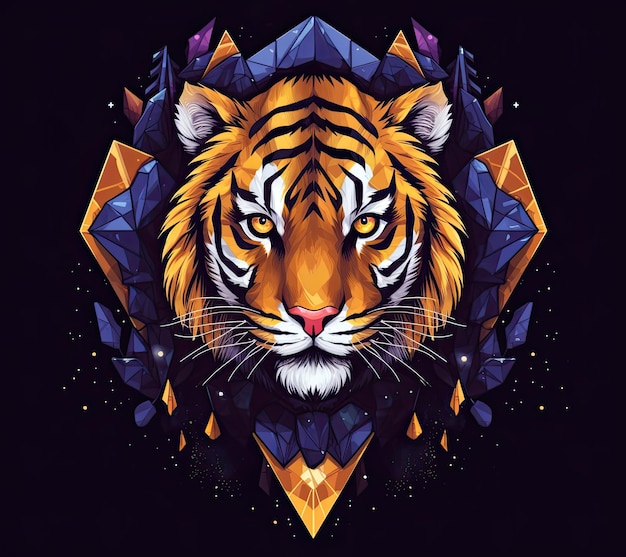 Ein Tiger mit blauem Hintergrund und schwarzem Hintergrund mit Dreiecksmuster