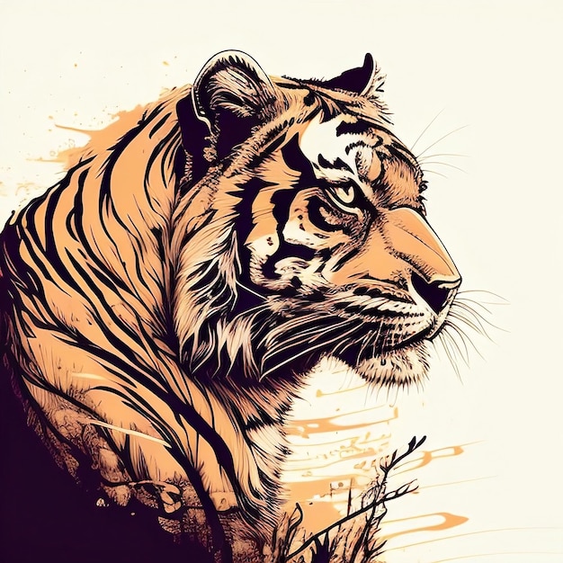 Ein Tiger mit einem gelben und braunen Hintergrund und einem weißen Hintergrund.