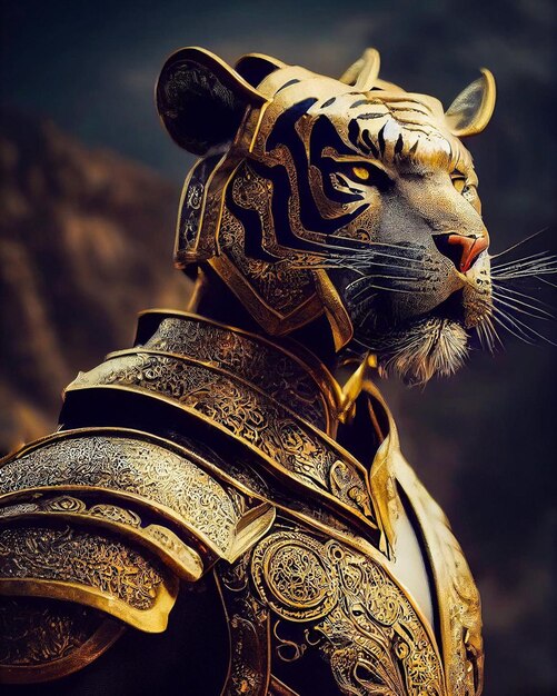 Ein Tiger mit einer goldenen Rüstung und einem goldenen Tiger darauf.