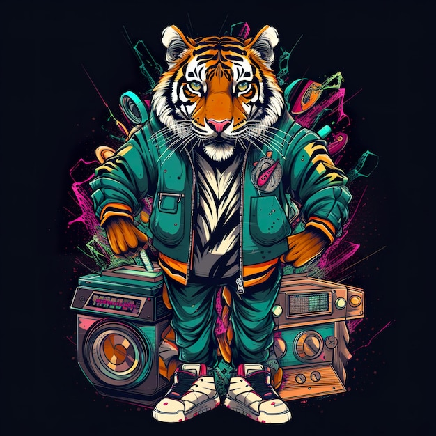 Ein Tiger mit Ghettoblaster und Musiknoten Generatives KI-Bild Clipart auf schwarzem Hintergrund