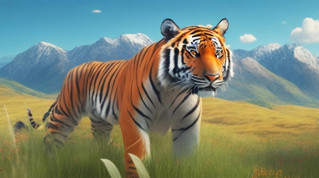 Ein Tiger mit orangefarbenem Stoßzahn steht auf einem Feld mit Bergen im Hintergrund