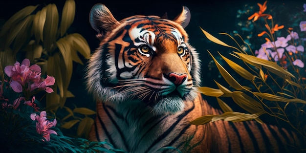 Ein Tiger mit Orchideen im Hintergrund Generative KI