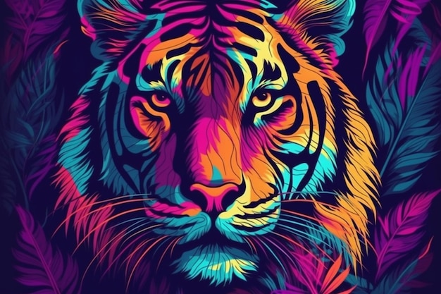 Ein Tiger mit schwarzem Hintergrund und leuchtender Farbe.