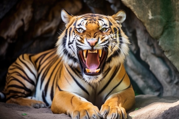 Ein Tiger mit weit geöffnetem Mund, der Zähne zeigt