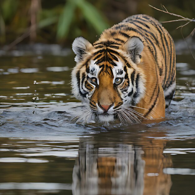 ein Tiger schwimmt im Wasser und spiegelt sich im Wasser wider