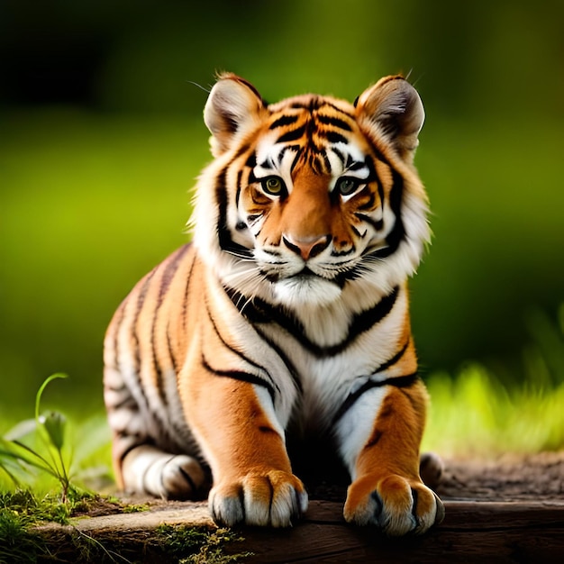 Ein Tiger sitzt auf einem Baumstamm mit grünem Hintergrund.