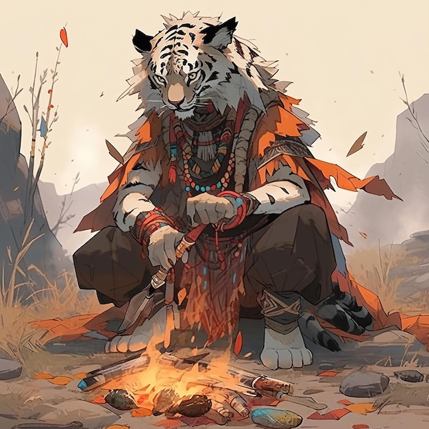 Ein Tiger sitzt auf einem Feuer mit einem Tiger auf seiner Brust.
