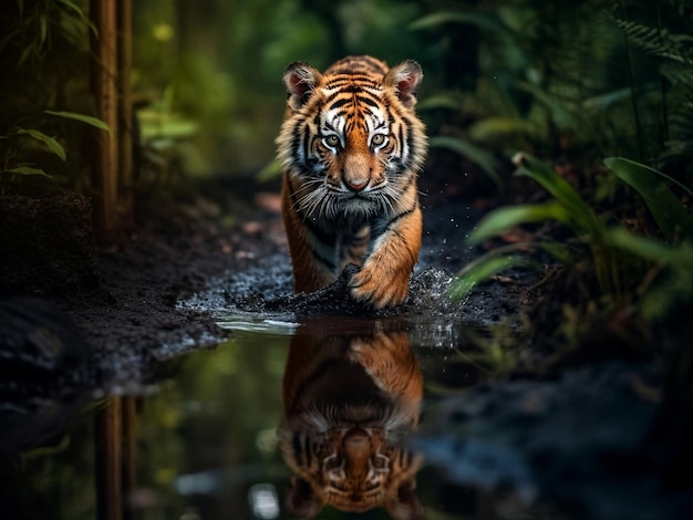 Foto ein tigerbaby rennt durch die pfütze und spiegelt sich in der generativen ki der pfütze wider