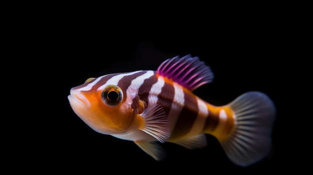 Ein Tigerfisch schwimmt in einem dunklen Aquarium.