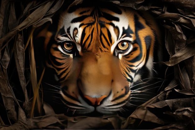 Foto ein tigergesicht mit einem tigergesicht im gras.