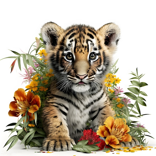 Ein Tigerjunges ist von Blumen und einem weißen Hintergrund umgeben.