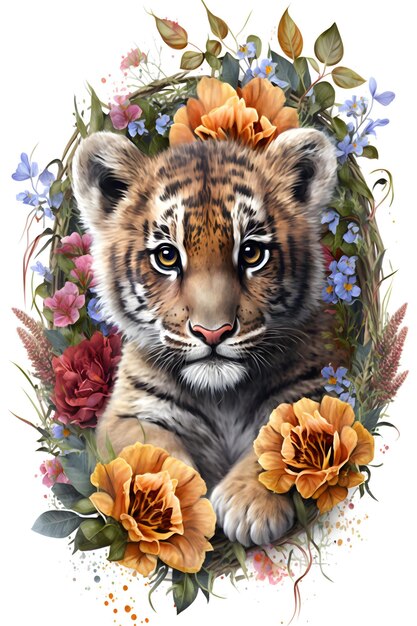 Ein Tigerjunges mit Blumen im Hintergrund