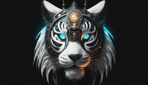 ein Tigerkopf mit blauen Augen und einem silbernen Ring