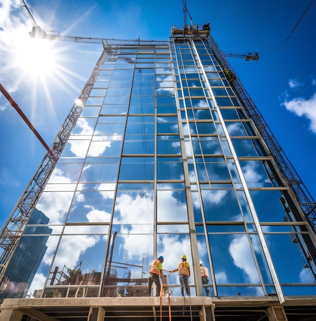 Foto ein timelapse-bild der fenster, die in einem wolkenkratzer installiert werden