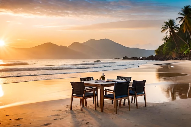 Ein Tisch am Strand bei Sonnenuntergang