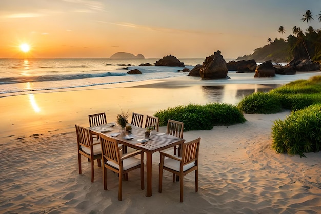 Ein Tisch am Strand bei Sonnenuntergang