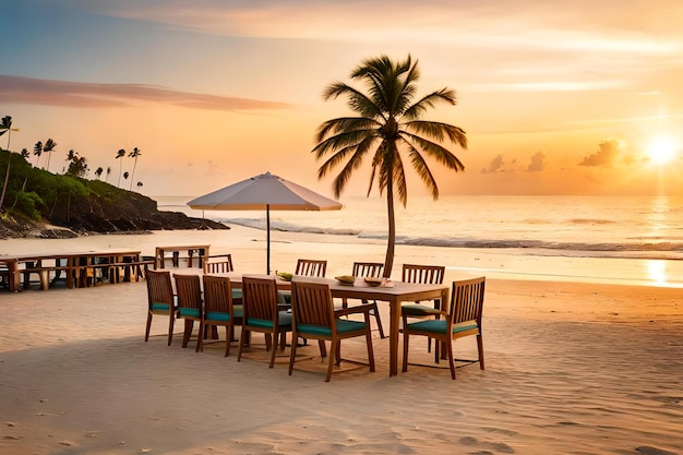 Ein Tisch am Strand bei Sonnenuntergang