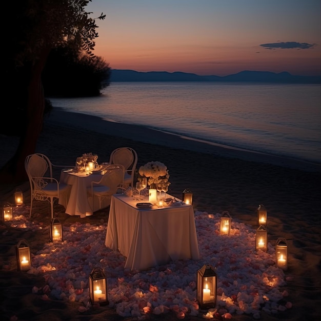 Ein Tisch am Strand mit Kerzen und Kerzen