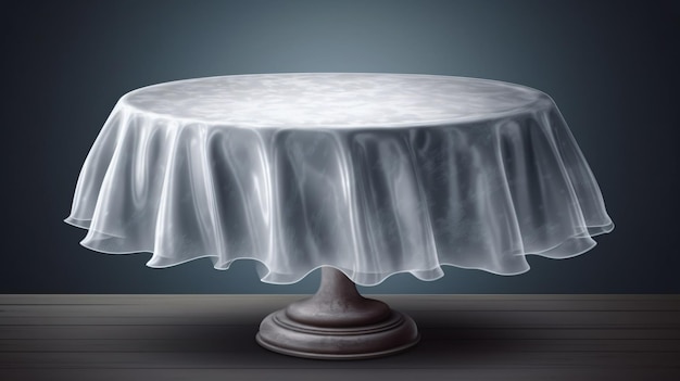Ein Tisch, der mit einer weißen Tischdecke bedeckt ist, auf der „Kuchen“ steht.