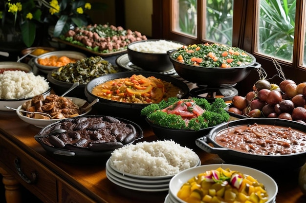 ein Tisch, der mit vielen verschiedenen Arten von Nahrungsmitteln gefüllt ist