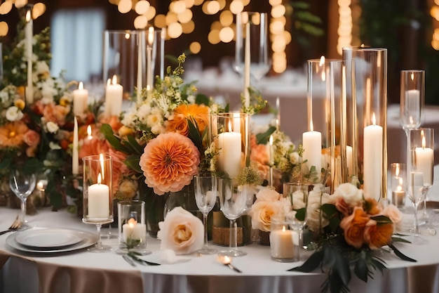 Ein Tisch für eine Hochzeit mit Blumen und Kerzen.