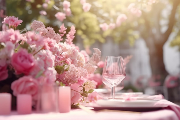 Ein Tisch für eine Hochzeit mit rosa Blumen gedeckt