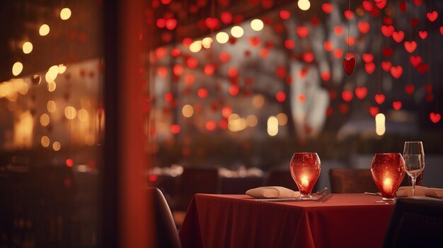 Foto ein tisch für zwei personen in einem anspruchsvollen restaurant mit einem mit herzen geschmückten intimen ambiente