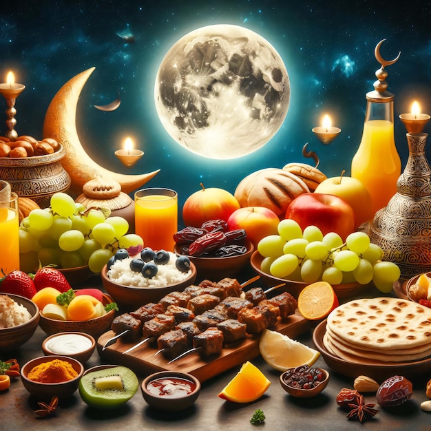 Ein Tisch, gefüllt mit verschiedenen Speisen Ramadan Iftar