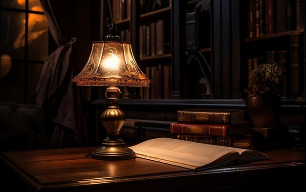 Ein Tisch, geschmückt mit einem Buch und einer strahlenden Lampe