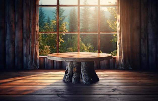 Ein Tisch in einem Raum mit einem Fenster und der Sonne, die durch das Fenster scheint.
