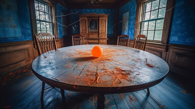 Foto ein tisch in einem raum mit einer großen orangefarbenen kugel darauf