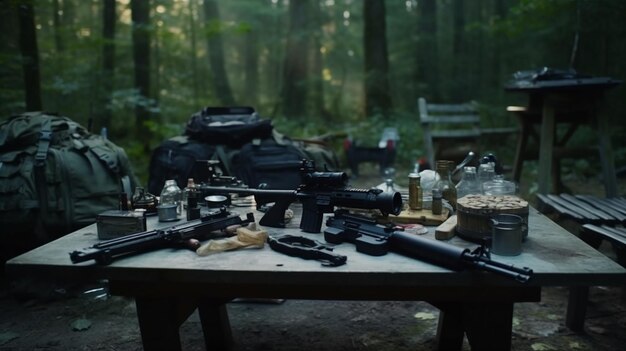 Foto ein tisch in einem wald mit einem haufen gegenstände darauf