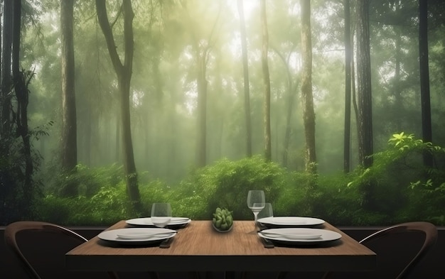 Ein Tisch in einem Wald mit grünem Waldhintergrund.